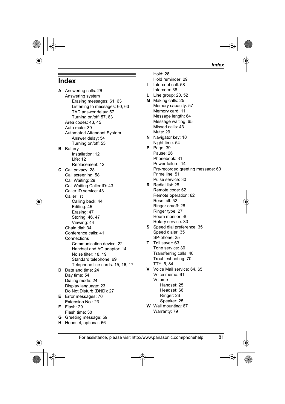 Index | Panasonic KX-TS4300B User Manual | Page 81 / 84