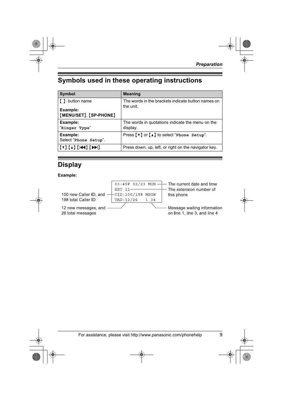 Preparation, Symbols used in these operating instructions, Display | Panasonic KX-TS4300B User Manual | Page 9 / 84