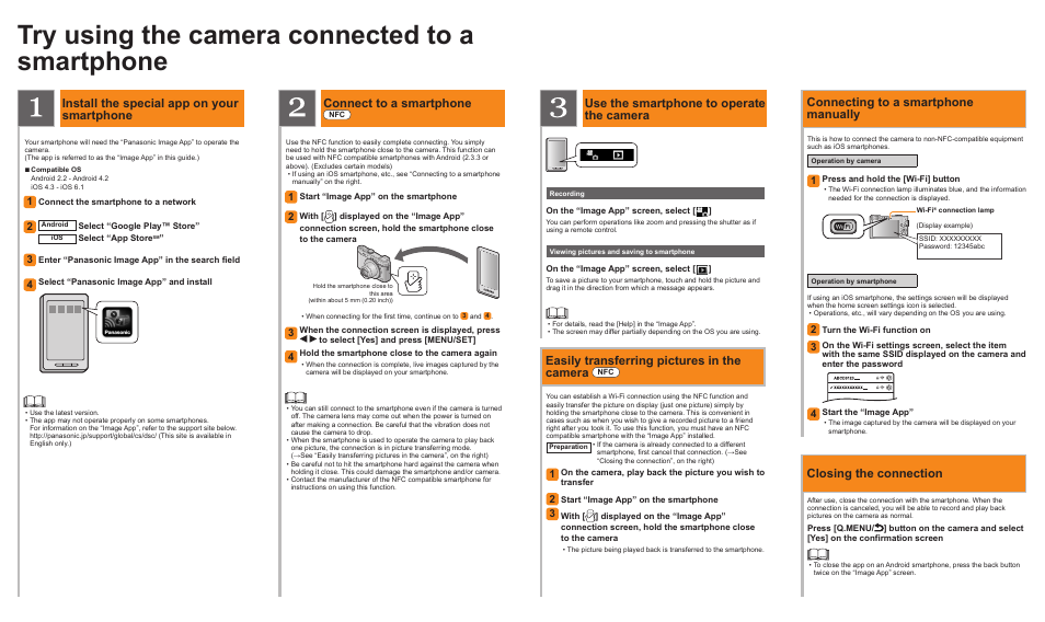 Try using the camera connected to a smartphone, Install the special app on your smartphone, Connect to a smartphone | Use the smartphone to operate the camera, Easily transferring pictures in the camera, Connecting to a smartphone manually, Closing the connection | Panasonic DMC-LF1W User Manual | Page 2 / 2