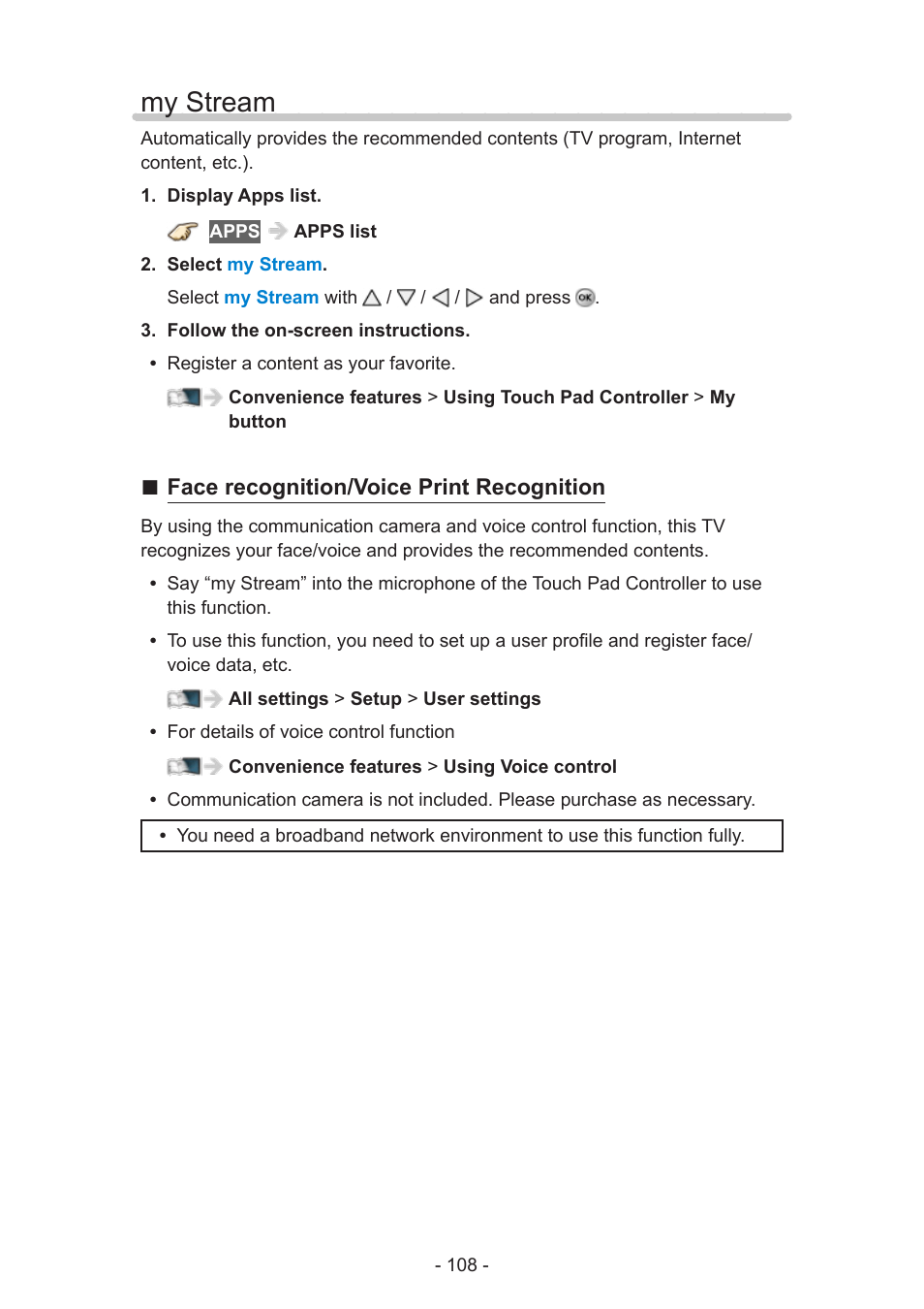My stream, My stream 108, Face recognition/voice print recognition | Panasonic TC-50AS650UE User Manual | Page 108 / 183