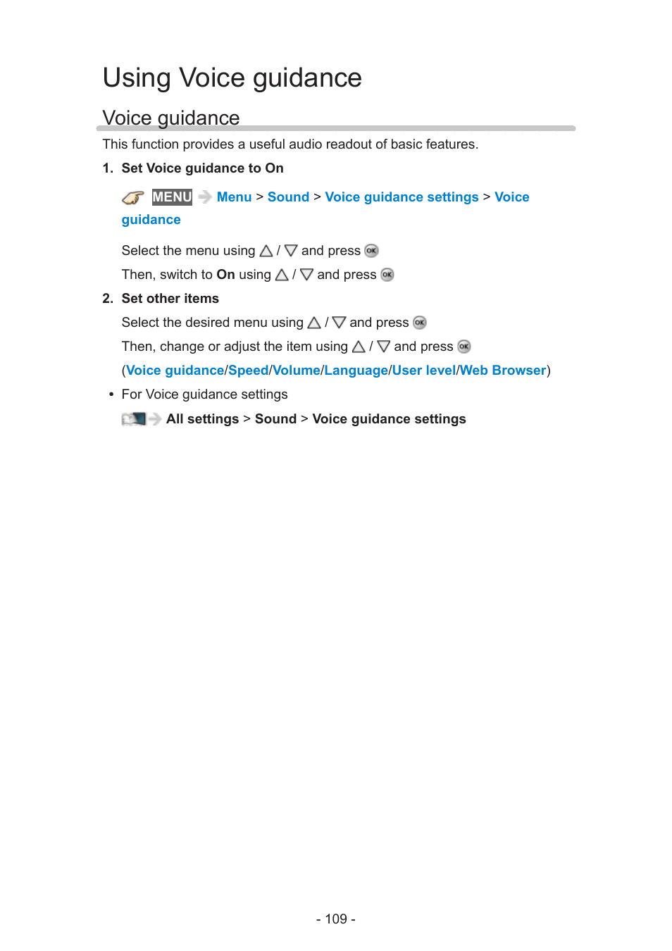 Using voice guidance, Voice guidance, Voice guidance 109 | Panasonic TC-50AS650UE User Manual | Page 109 / 183