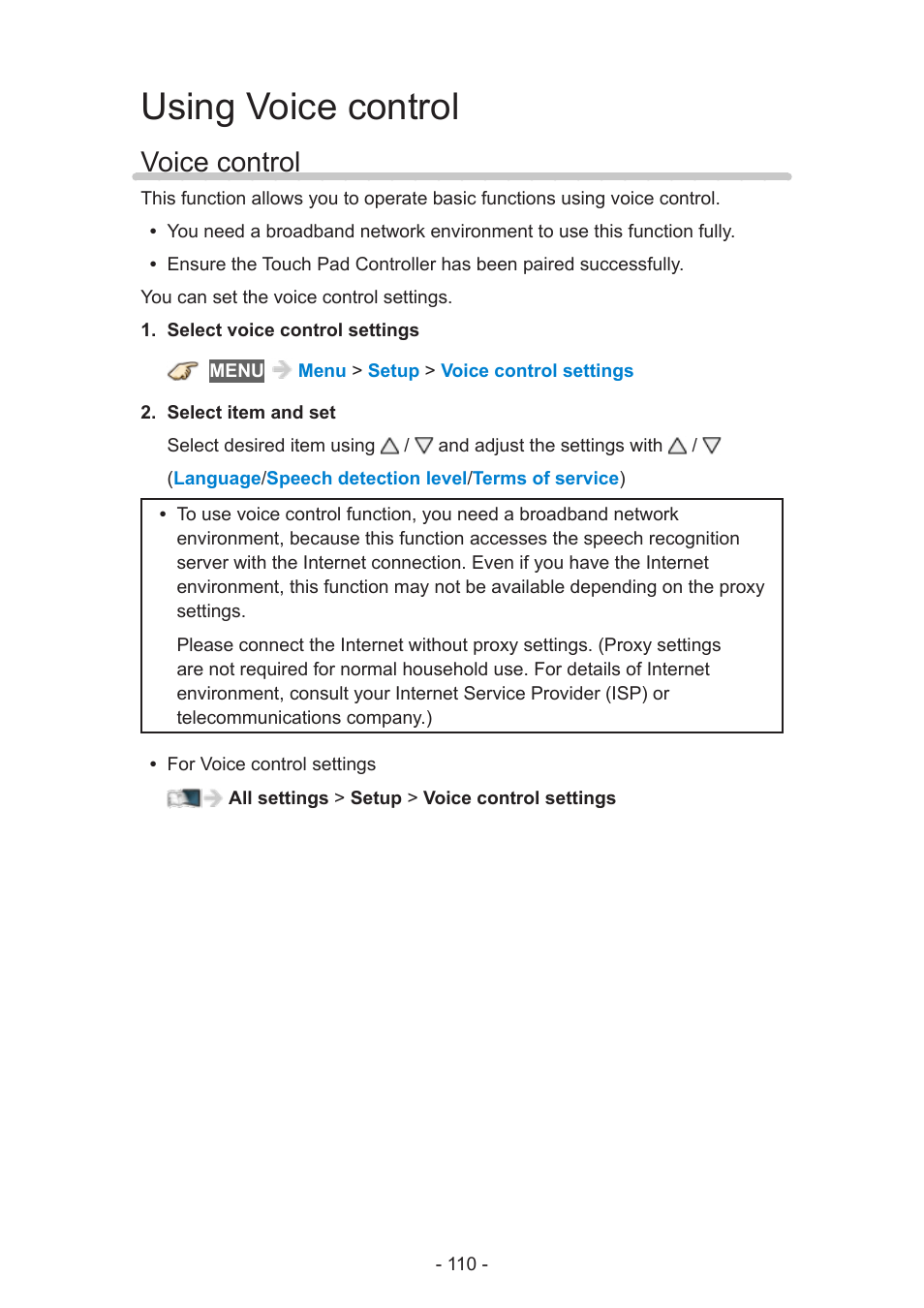 Using voice control, Voice control, Voice control 110 | Panasonic TC-50AS650UE User Manual | Page 110 / 183