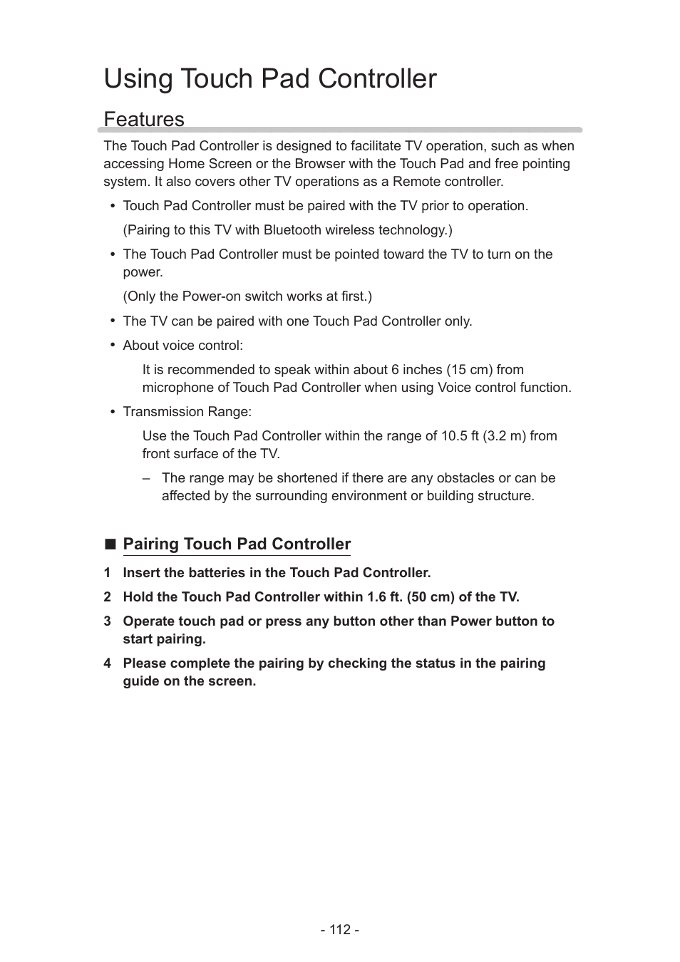 Using touch pad controller, Features, Features 112 | Pairing touch pad controller | Panasonic TC-50AS650UE User Manual | Page 112 / 183