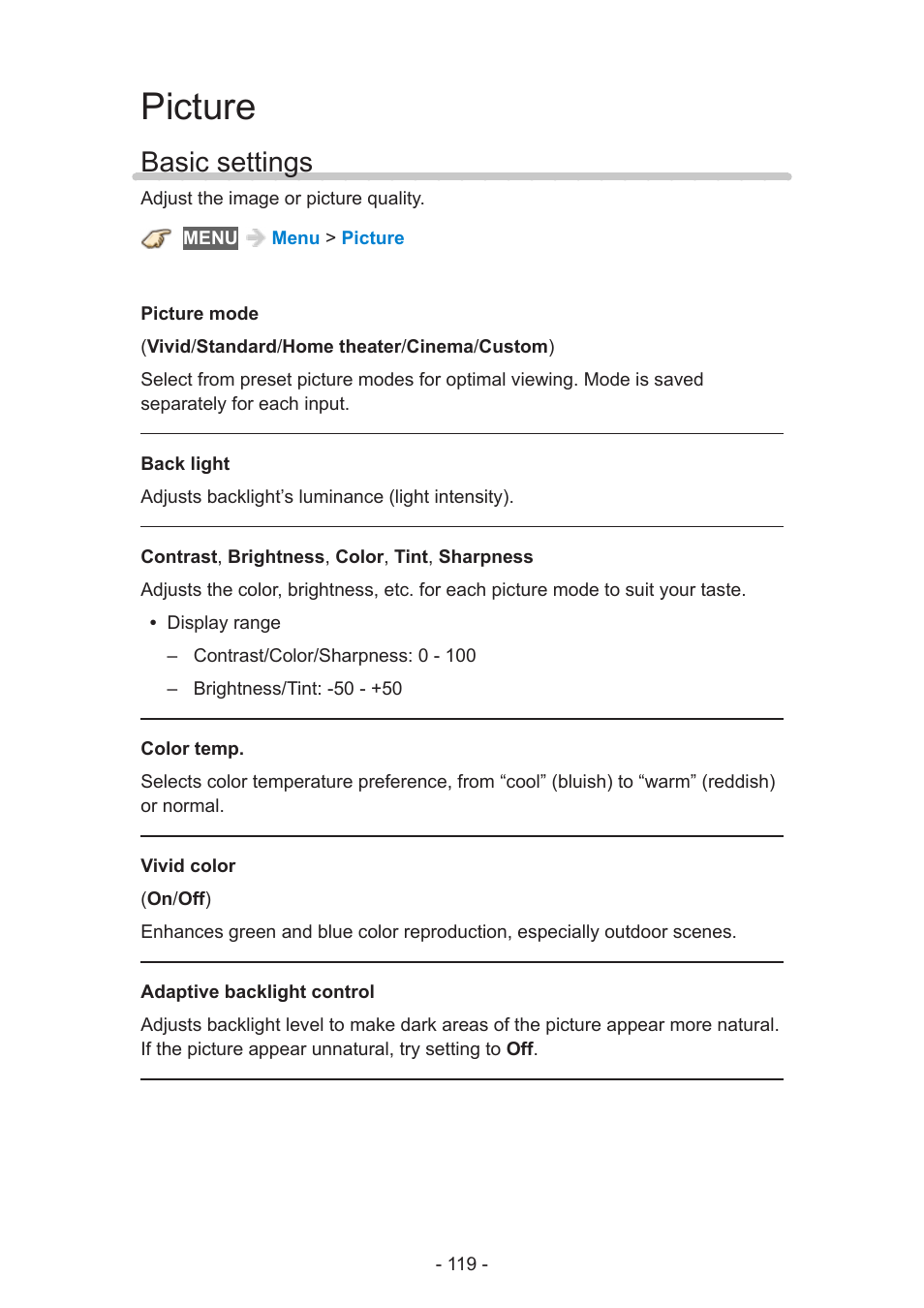 Picture, Basic settings | Panasonic TC-50AS650UE User Manual | Page 119 / 183