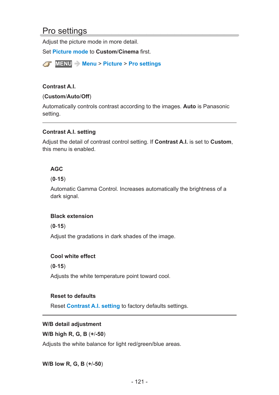 Pro settings, Pro settings 121 | Panasonic TC-50AS650UE User Manual | Page 121 / 183