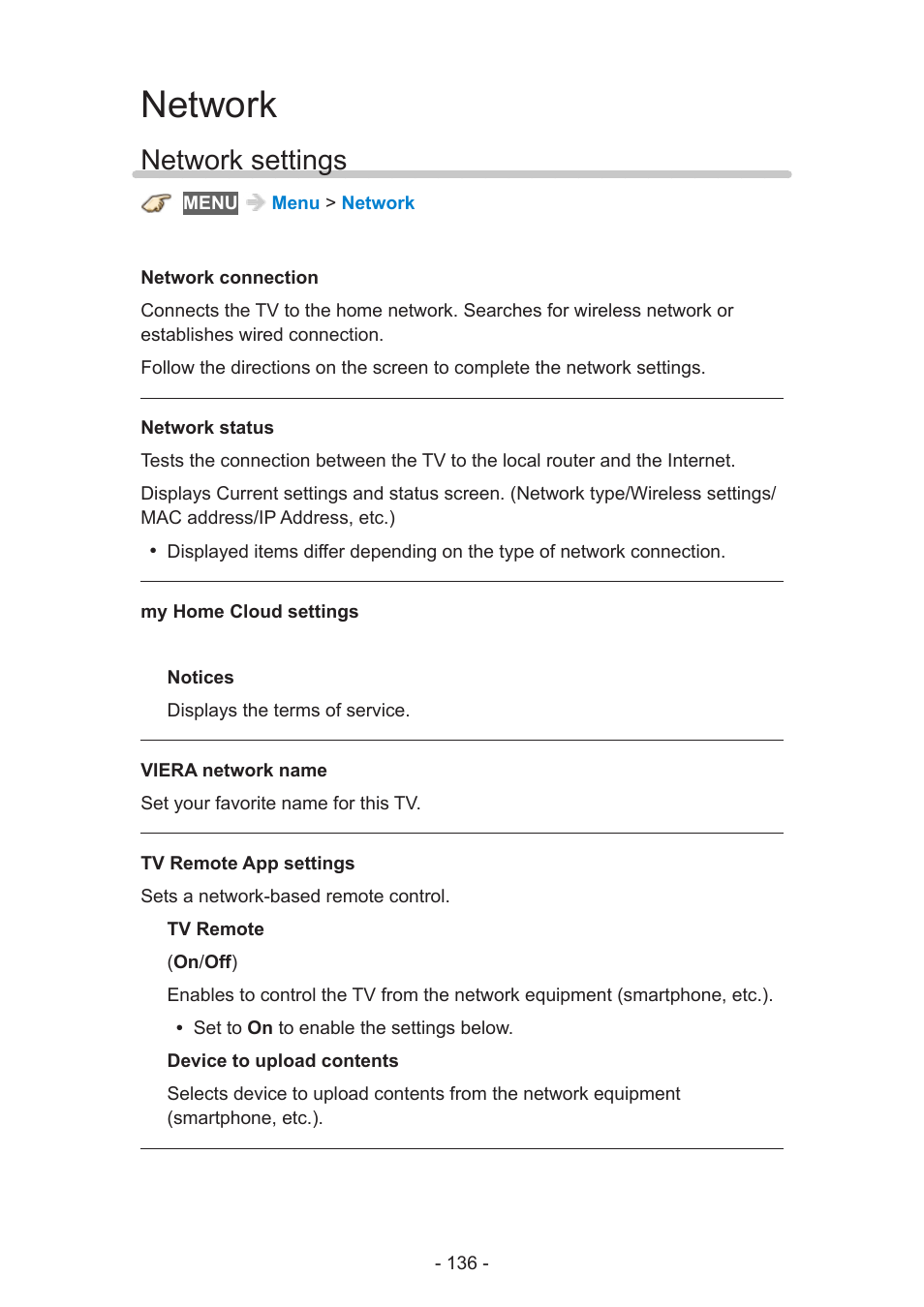 Network, Network settings | Panasonic TC-50AS650UE User Manual | Page 136 / 183