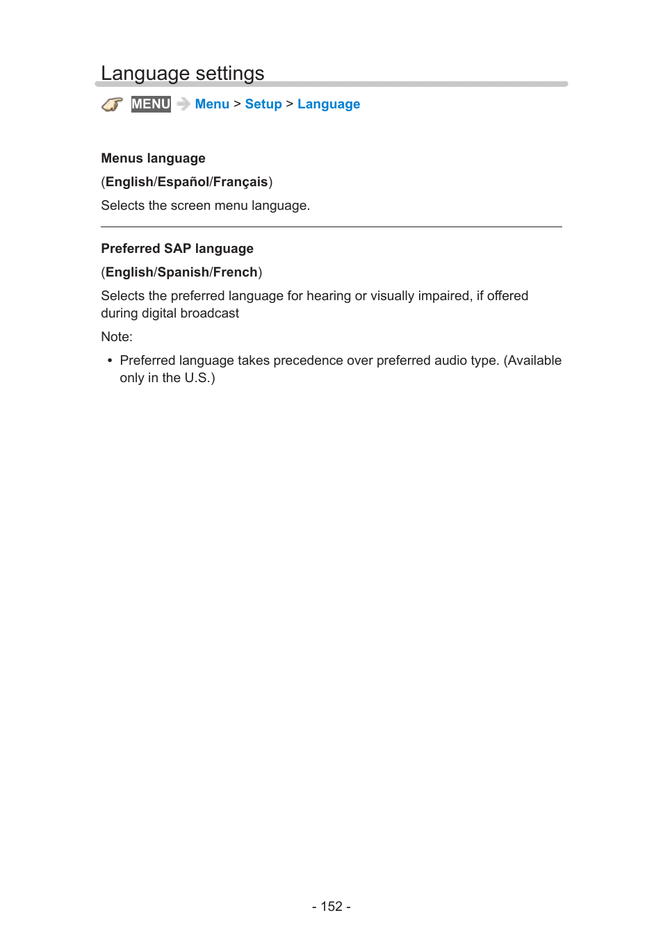 Language settings | Panasonic TC-50AS650UE User Manual | Page 152 / 183