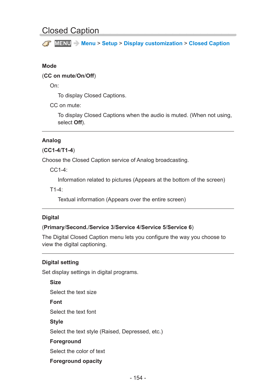 Closed caption, Closed caption 154 | Panasonic TC-50AS650UE User Manual | Page 154 / 183