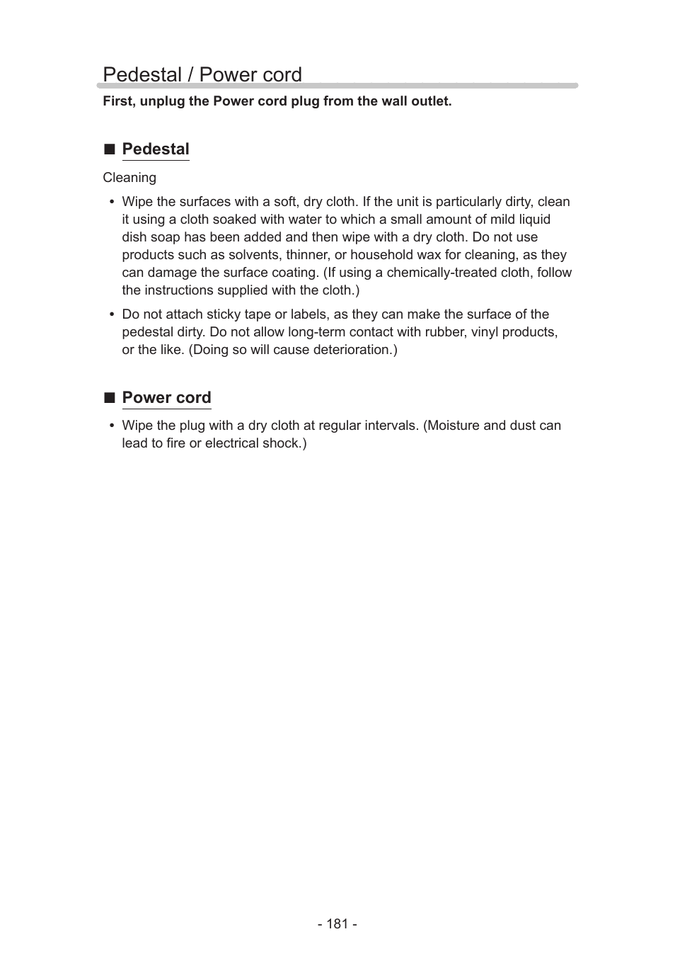 Pedestal / power cord | Panasonic TC-50AS650UE User Manual | Page 181 / 183