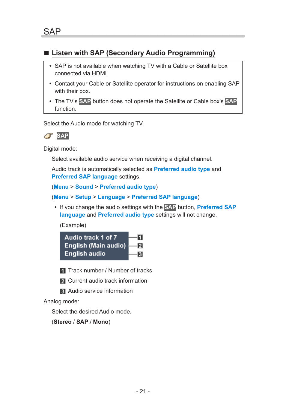 Sap 21, Listen with sap (secondary audio programming) | Panasonic TC-50AS650UE User Manual | Page 21 / 183