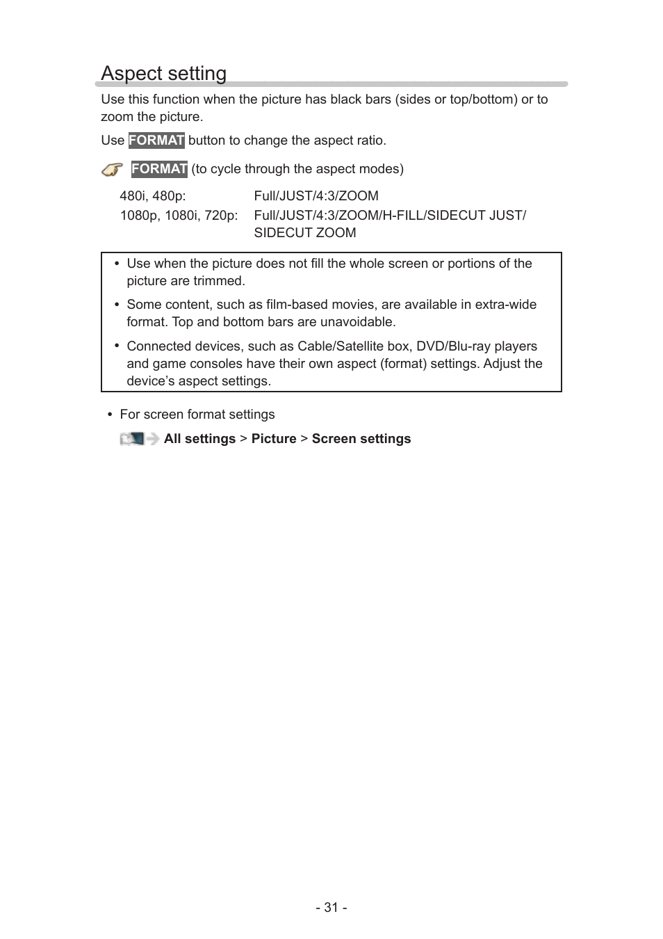 Aspect setting | Panasonic TC-50AS650UE User Manual | Page 31 / 183