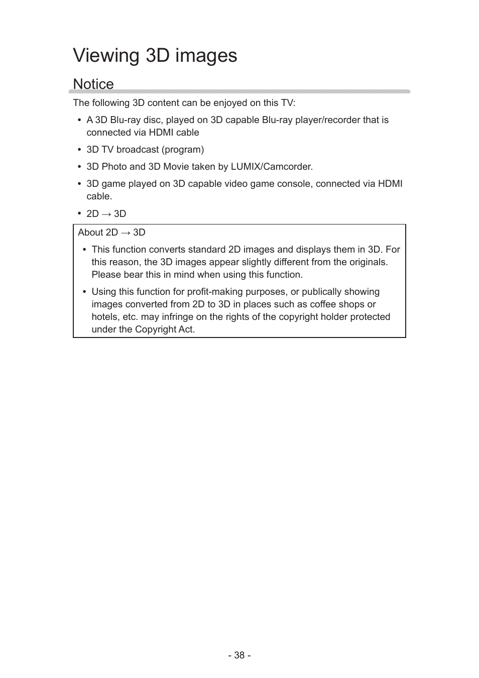 Viewing 3d images, Notice, Notice 38 | Panasonic TC-50AS650UE User Manual | Page 38 / 183