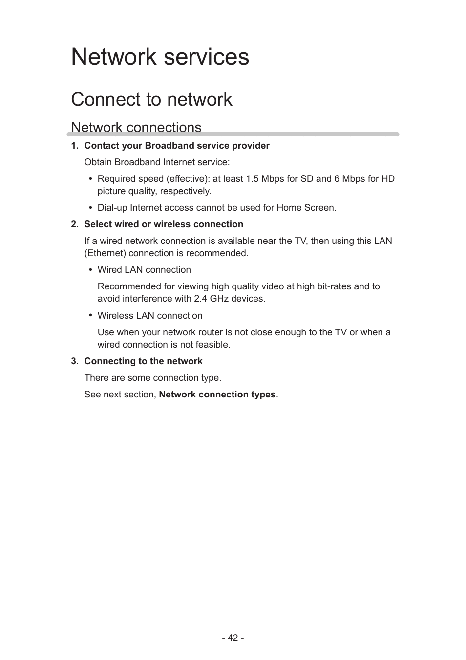 Network services, Connect to network, Network connections | Panasonic TC-50AS650UE User Manual | Page 42 / 183