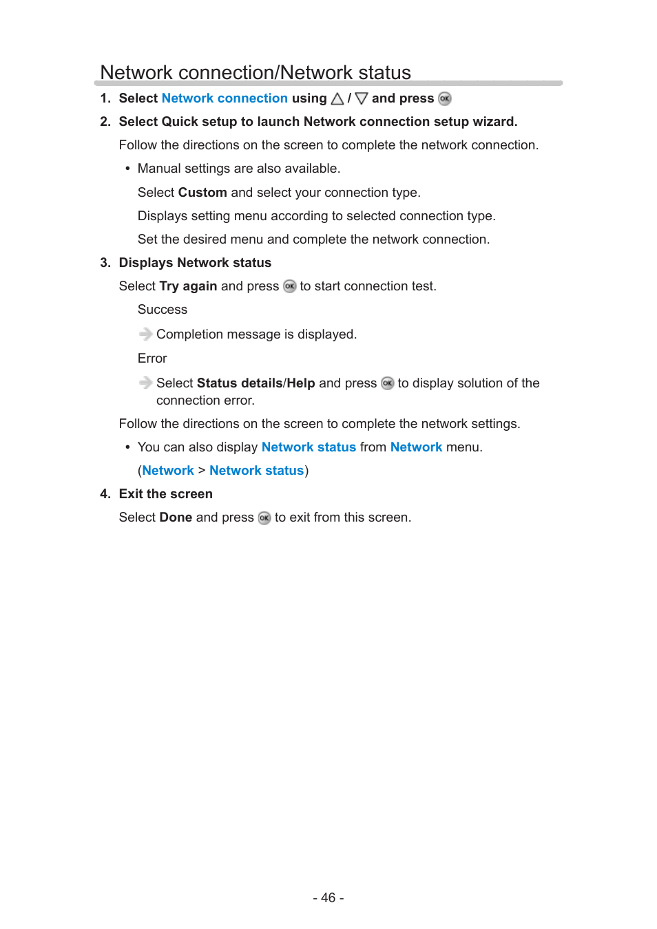 Network connection/network status, Network connection/network status 46 | Panasonic TC-50AS650UE User Manual | Page 46 / 183
