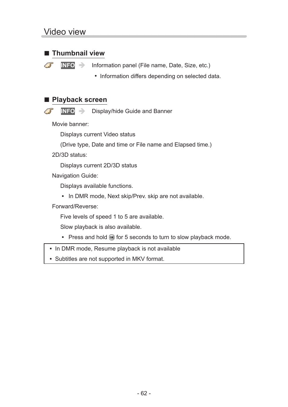 Video view, Thumbnail view, Playback screen | Panasonic TC-50AS650UE User Manual | Page 62 / 183