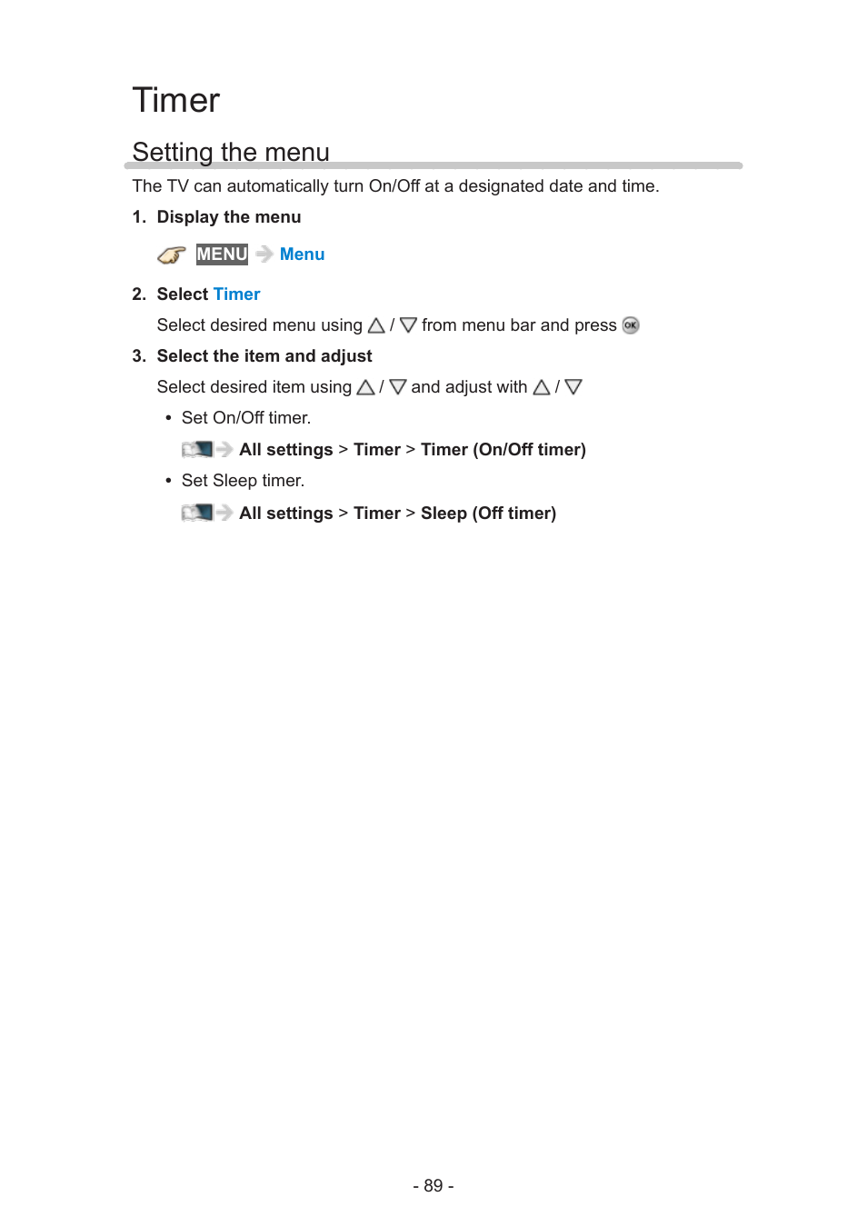 Timer, Setting the menu | Panasonic TC-50AS650UE User Manual | Page 89 / 183