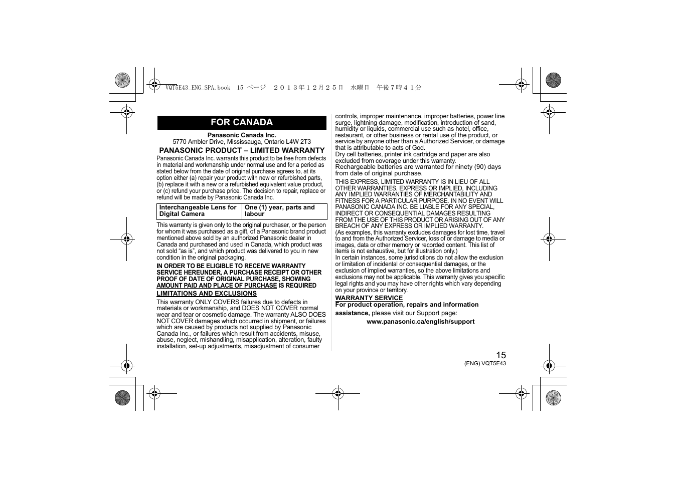 For canada | Panasonic H-NS043 User Manual | Page 15 / 26