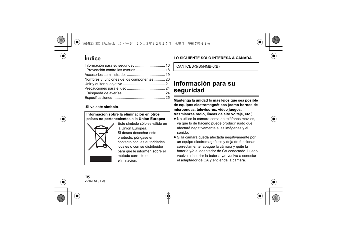 Índice, Información para su seguridad | Panasonic H-NS043 User Manual | Page 16 / 26