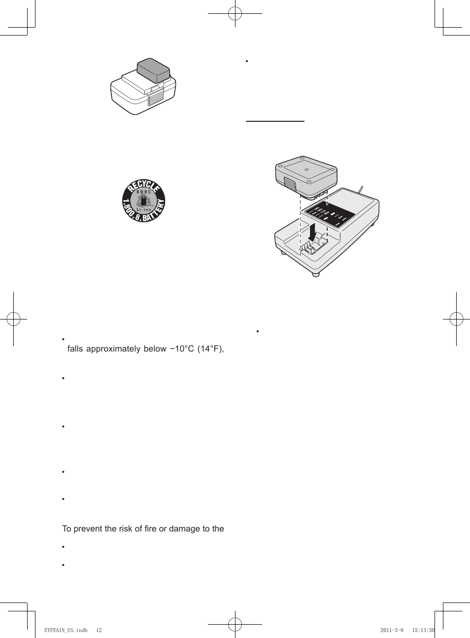 Battery charger] charging, 12 - battery pack life, Battery recycling attention | Caution | Panasonic EYFEA1N2S User Manual | Page 12 / 46