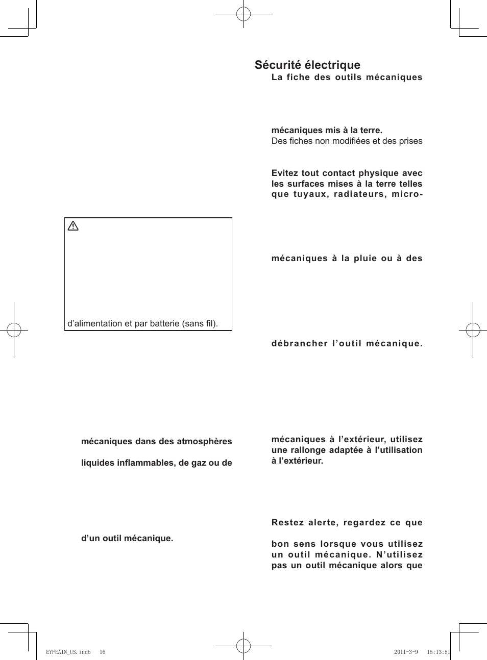 I. introduction, Ii. consignes de secu rite generales, Sécurité électrique | Sécurité personnelle | Panasonic EYFEA1N2S User Manual | Page 16 / 46