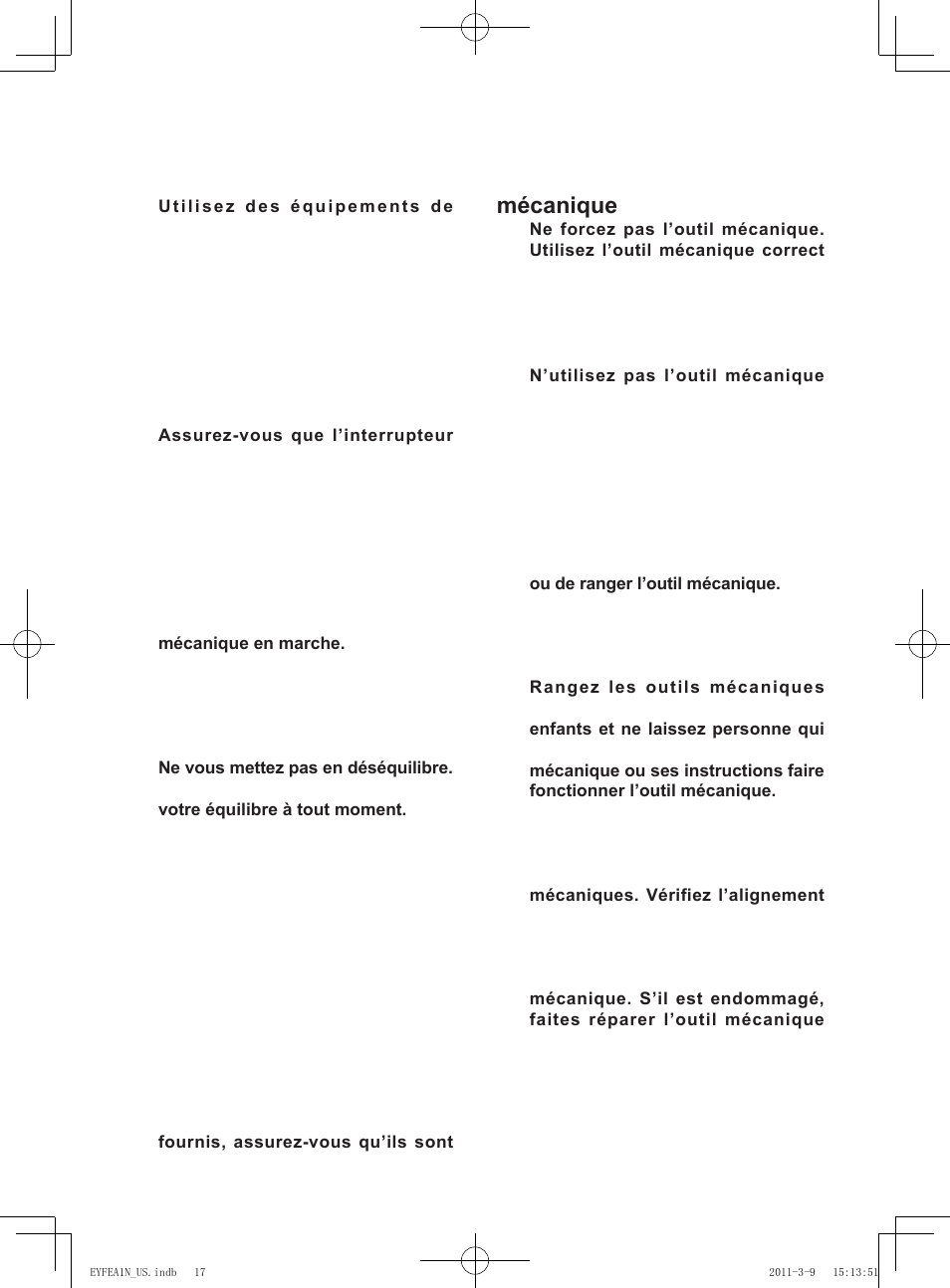 Utilisation et soins de l’outil mécanique | Panasonic EYFEA1N2S User Manual | Page 17 / 46