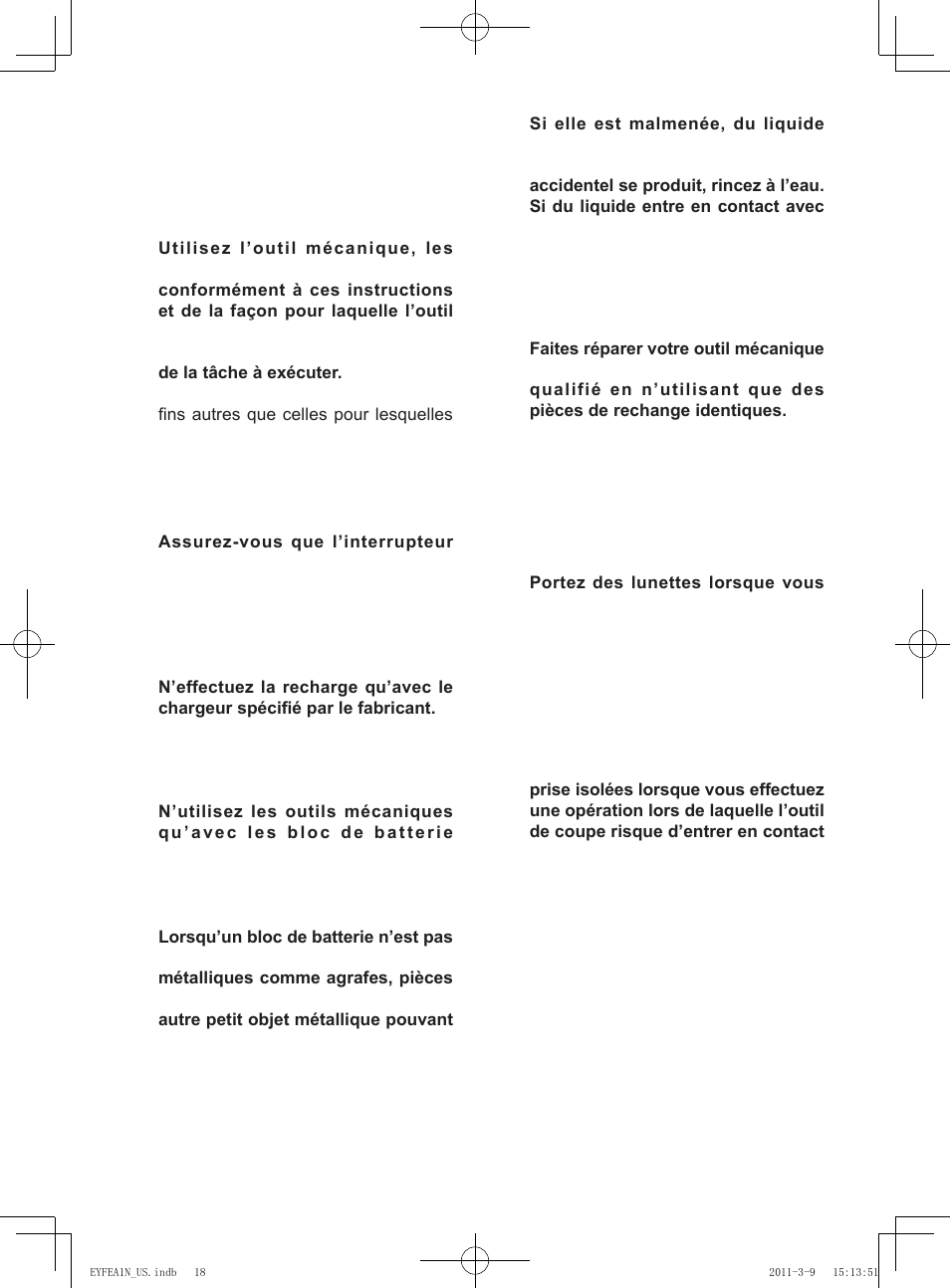 Iii. regles de securite particulieres, Utilisation et soins de la batterie de l’outil, Réparation | Panasonic EYFEA1N2S User Manual | Page 18 / 46