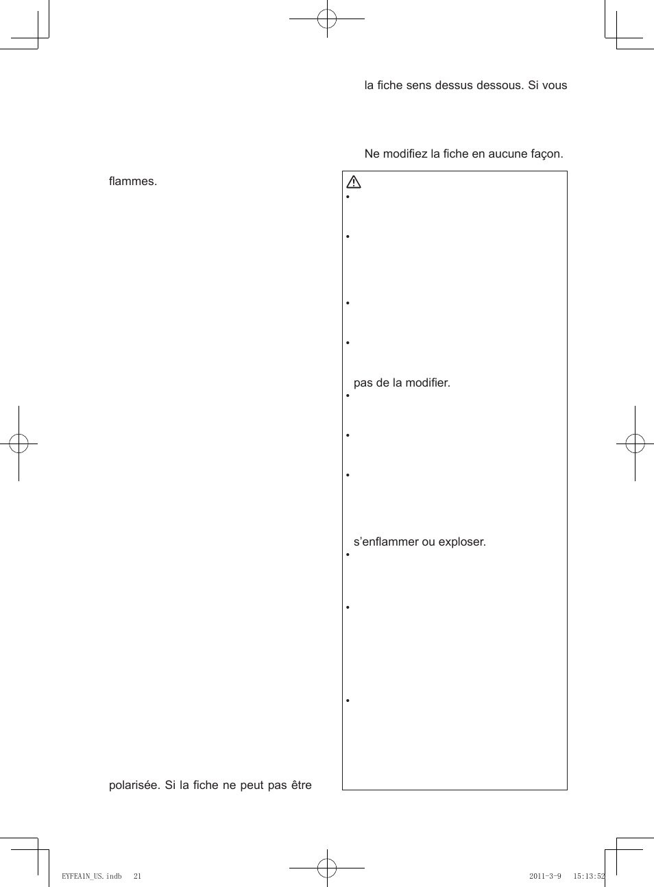 Avertissement, N’utilisez que les batteries autonomes | Panasonic EYFEA1N2S User Manual | Page 21 / 46