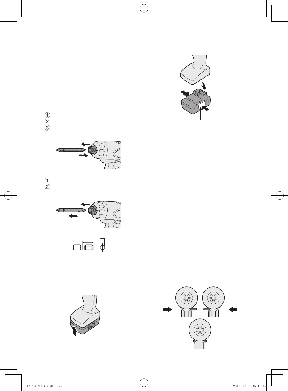 V. montage, Vi. fonctionnement, Fixation ou retrait d’une mèche | Fixation ou retrait de la bat- terie autonome, Corps principal | Panasonic EYFEA1N2S User Manual | Page 22 / 46