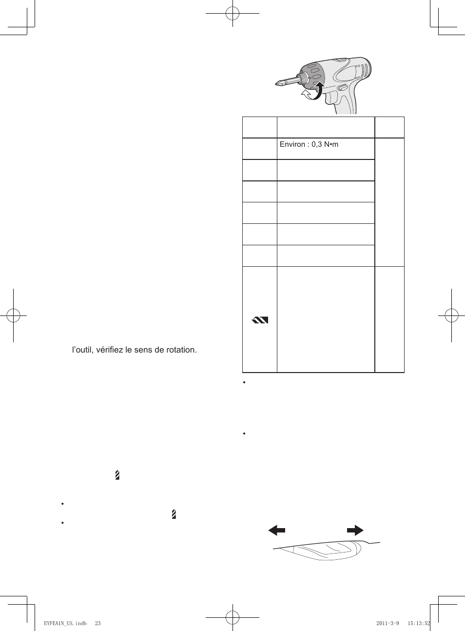 Réglage du couple de serrage de l’embrayage, Utilisation pour le perçage, Sélection de la vitesse | 23 - mise en garde, Mise en garde | Panasonic EYFEA1N2S User Manual | Page 23 / 46