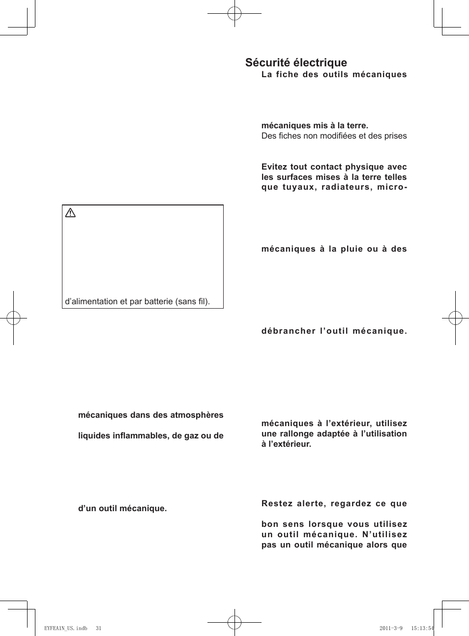 I. introducción, Ii. consignes de secu rite generales, Sécurité électrique | Sécurité personnelle | Panasonic EYFEA1N2S User Manual | Page 31 / 46