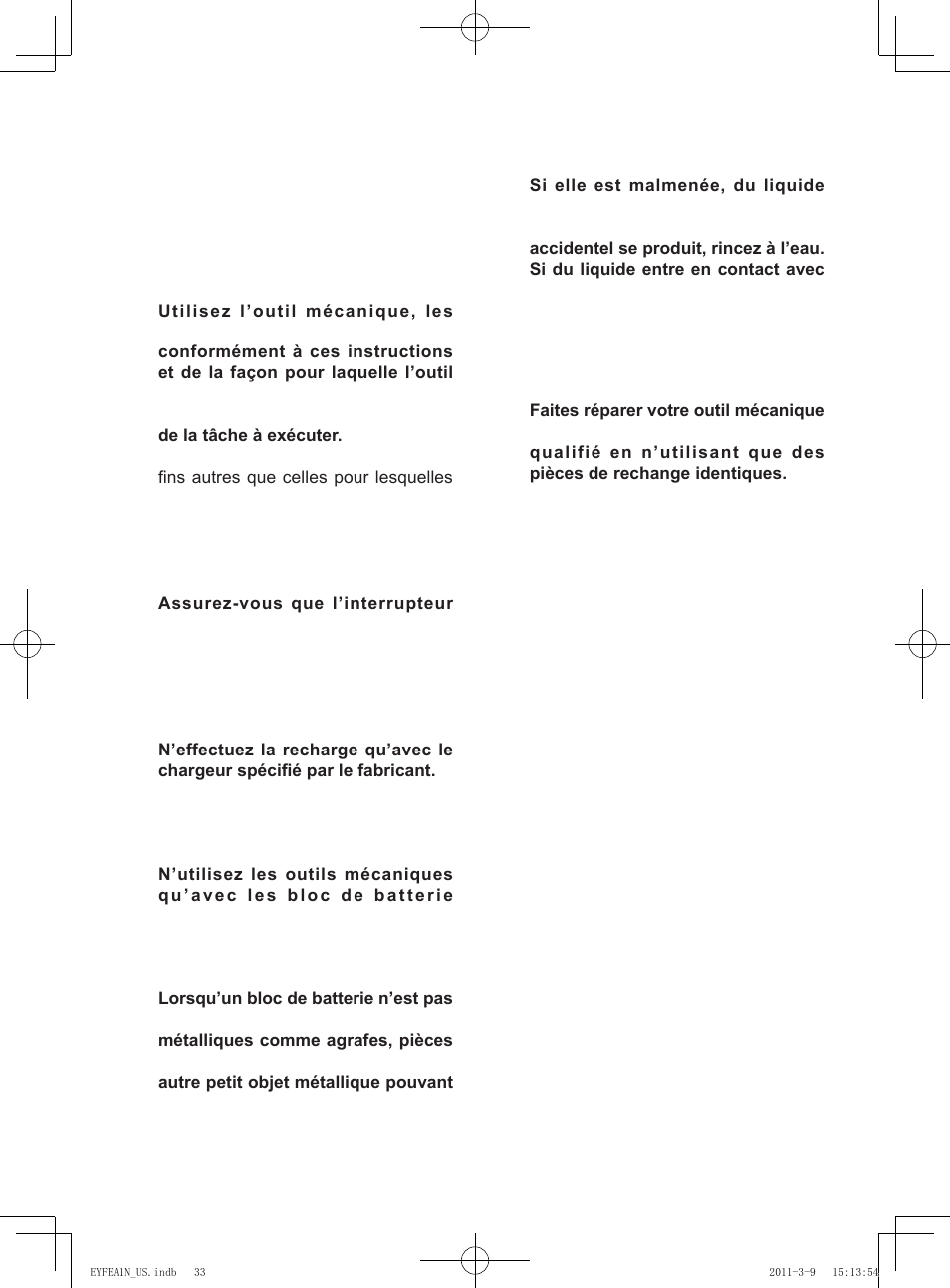 Iii. regles de securite particulieres, Utilisation et soins de la batterie de l’outil, Réparation | Panasonic EYFEA1N2S User Manual | Page 33 / 46