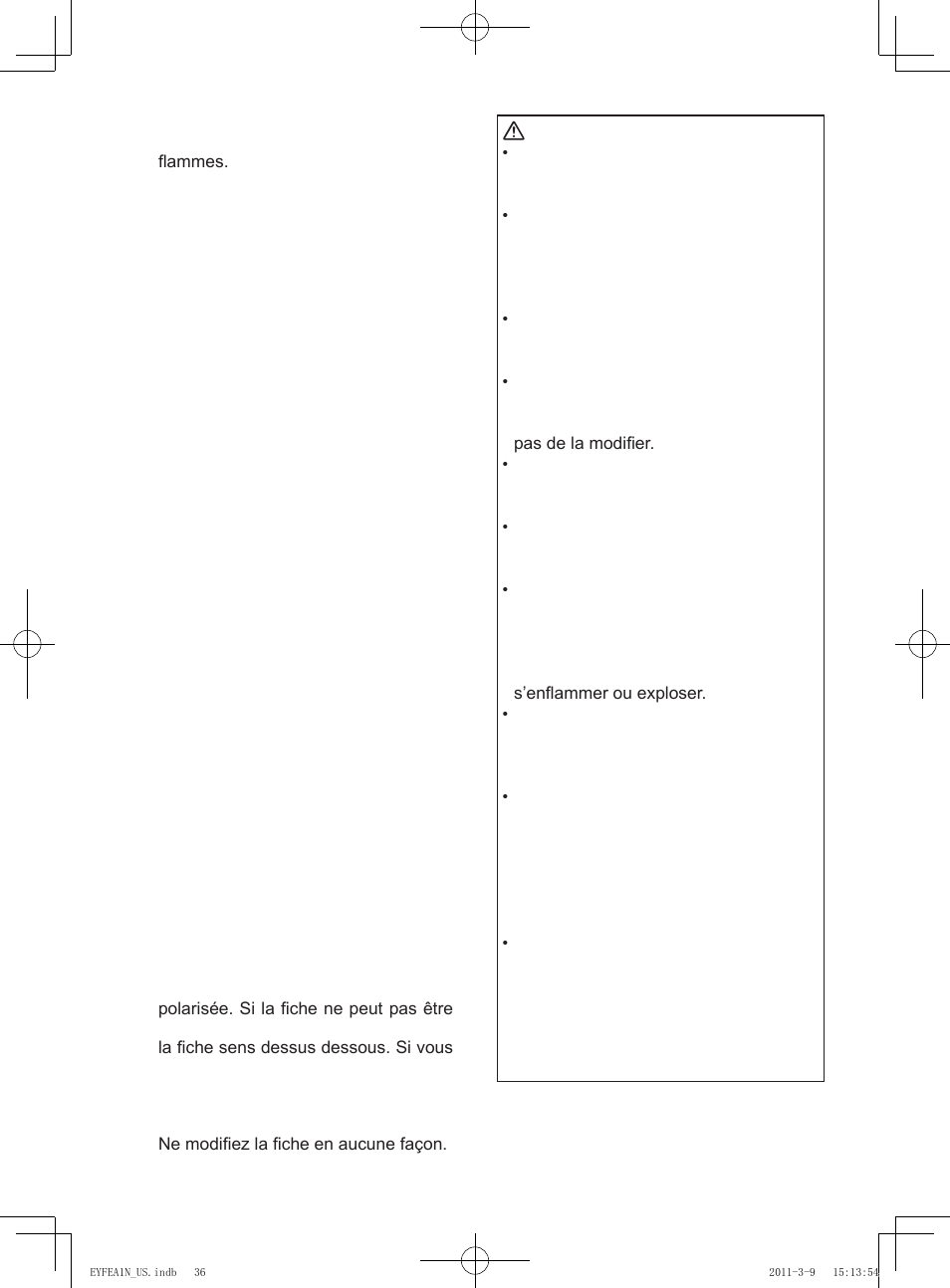 Avertissement, N’utilisez que les batteries autonomes | Panasonic EYFEA1N2S User Manual | Page 36 / 46