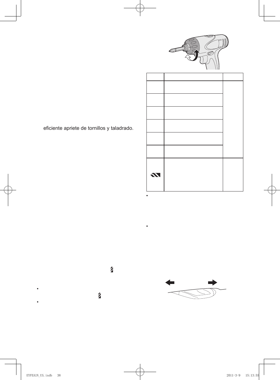 Ajuste de torsión del embrague, Utilización para taladrar, Selección de velocidad | 38 - precaución, Precaución | Panasonic EYFEA1N2S User Manual | Page 38 / 46