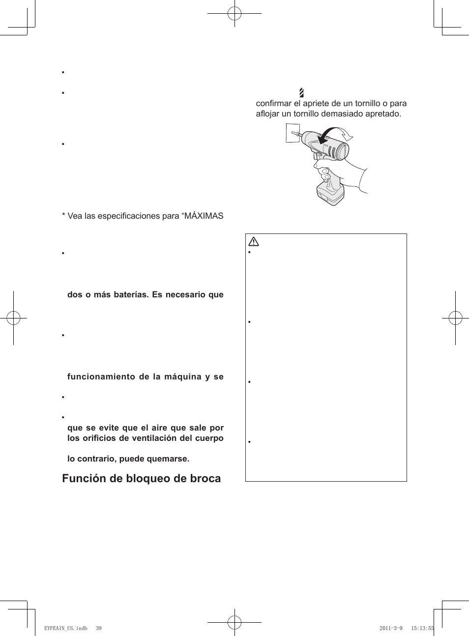 Función de bloqueo de broca, Cómo utilizar el anillo de gancho, 39 - precaución | Precaución, Advertencia, Inspeccione el interruptor selector de, Para evitar un aumento excesivo de, Cuando la unidad principal se sostiene | Panasonic EYFEA1N2S User Manual | Page 39 / 46