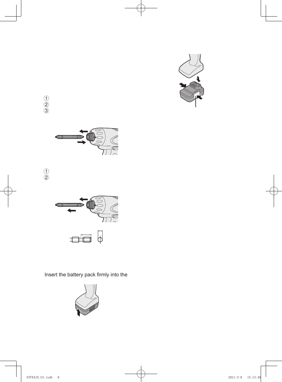 V. assembly, Vi. operation, Attaching or removing bit | Attaching or removing bat- tery pack, Main body | Panasonic EYFEA1N2S User Manual | Page 8 / 46