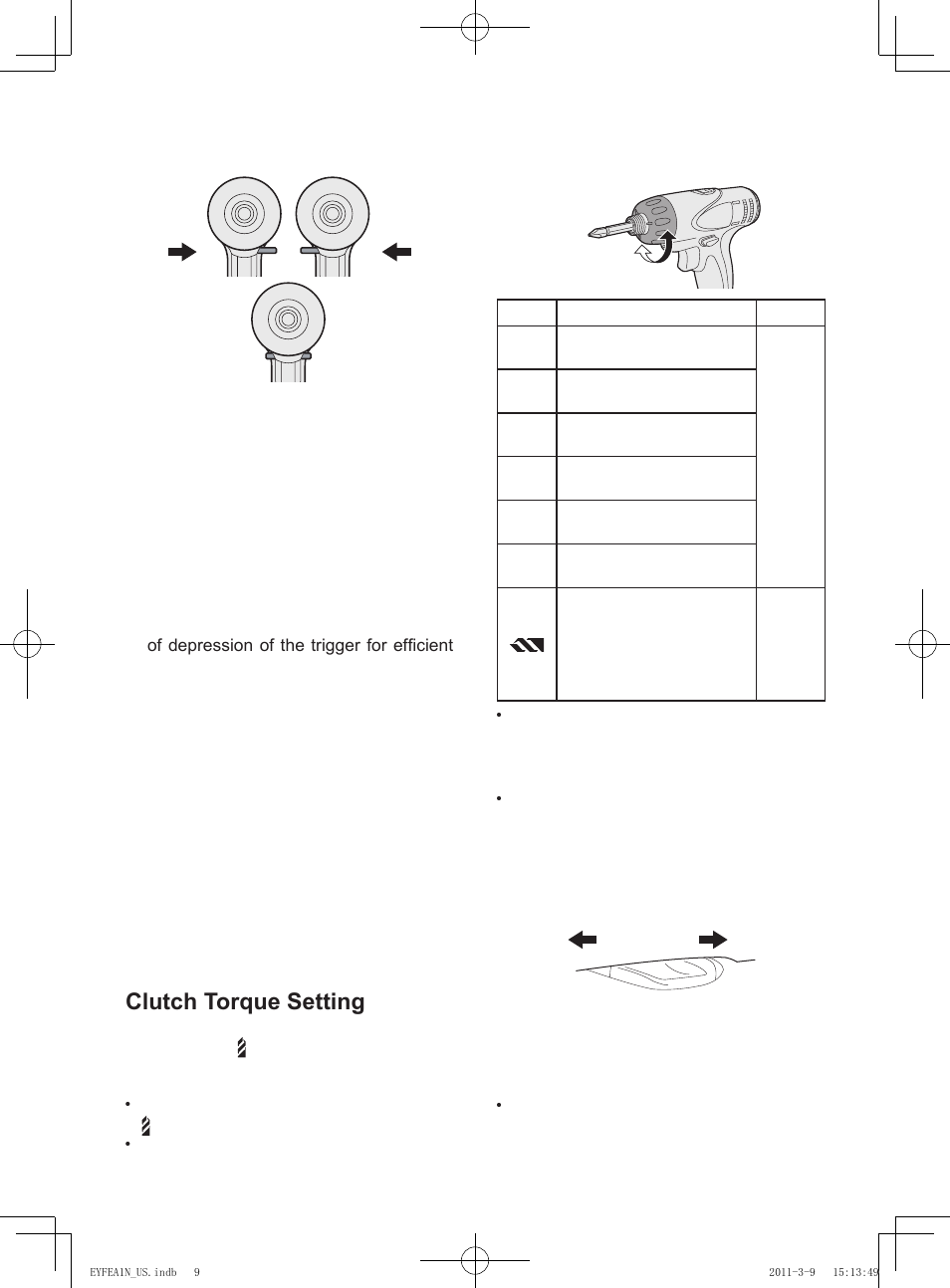 Switch and forward/reverse lever operation, Forward rotation switch operation, Reverse rotation switch operation | Clutch torque setting, Use for drilling, Speed selection, Caution | Panasonic EYFEA1N2S User Manual | Page 9 / 46