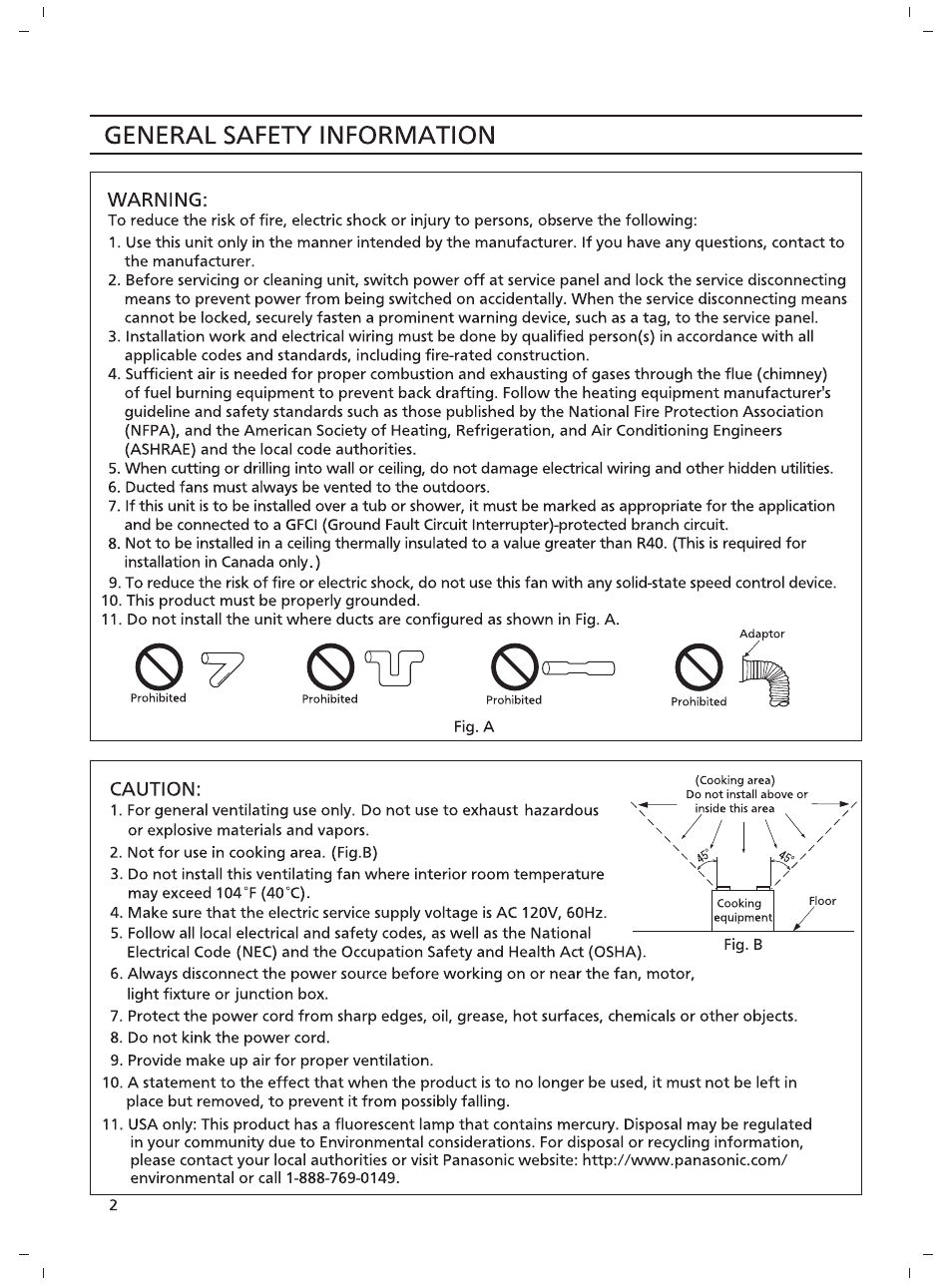 General safety information, Warning, Caution | Panasonic FV-08VRL1 User Manual | Page 2 / 8