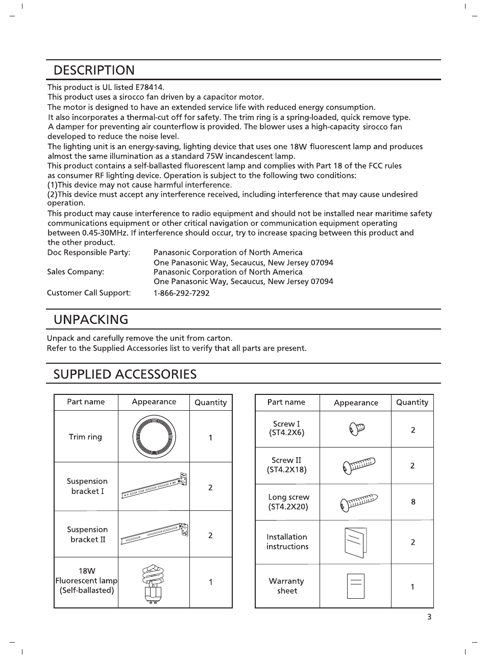 Description, Unpacking, Supplied accessories | Panasonic FV-08VRL1 User Manual | Page 3 / 8