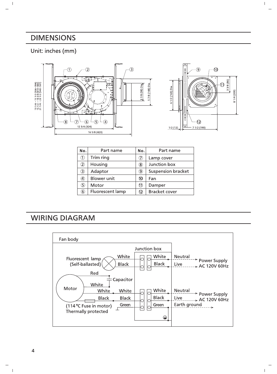 Dimensions, Wiring diagram, Unit: inches (mm) | Panasonic FV-08VRL1 User Manual | Page 4 / 8