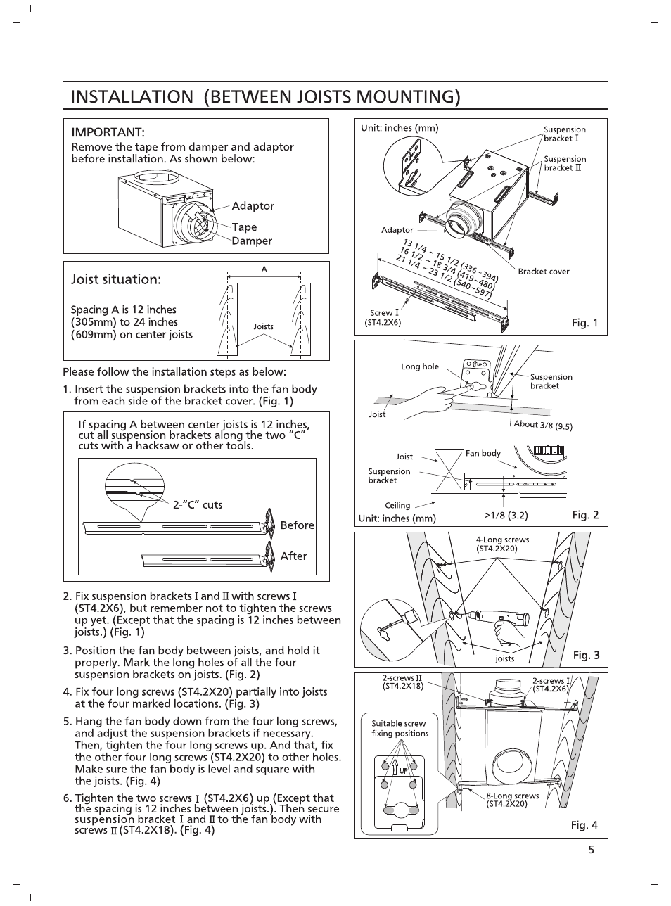 Important, Installation (between joists mounting) | Panasonic FV-08VRL1 User Manual | Page 5 / 8