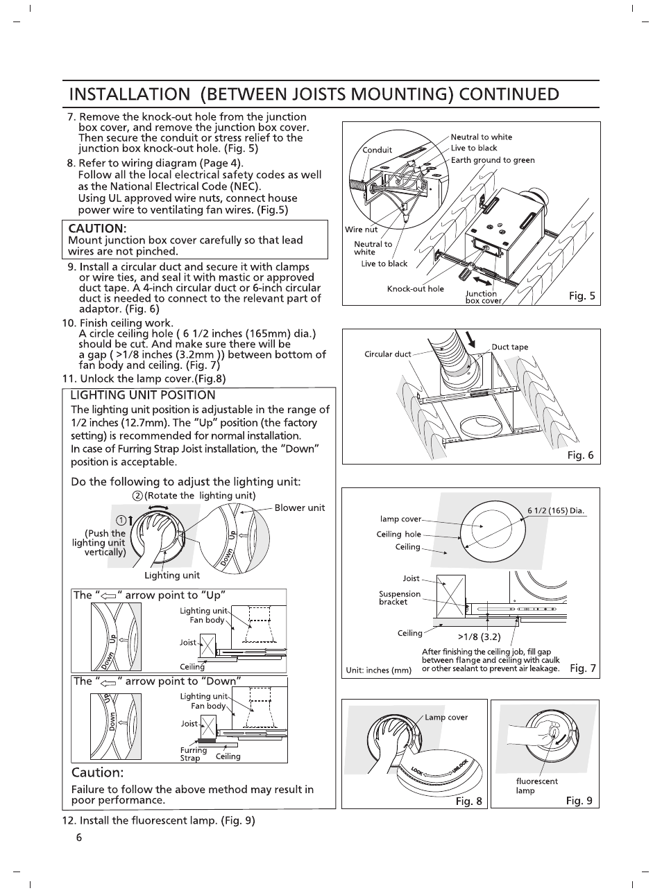 Installation (between joists mounting) continued, Caution, Lighting unit position | Panasonic FV-08VRL1 User Manual | Page 6 / 8