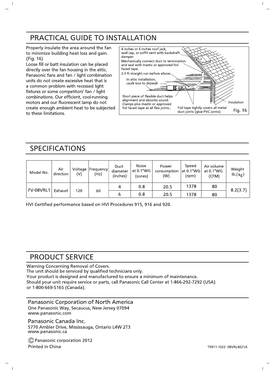 Practical guide to installation, Specifications, Product service | Panasonic corporation of north america, Panasonic canada inc | Panasonic FV-08VRL1 User Manual | Page 8 / 8