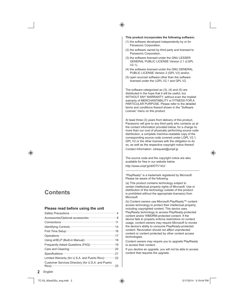 Panasonic TC-60AS530U User Manual | Page 2 / 24