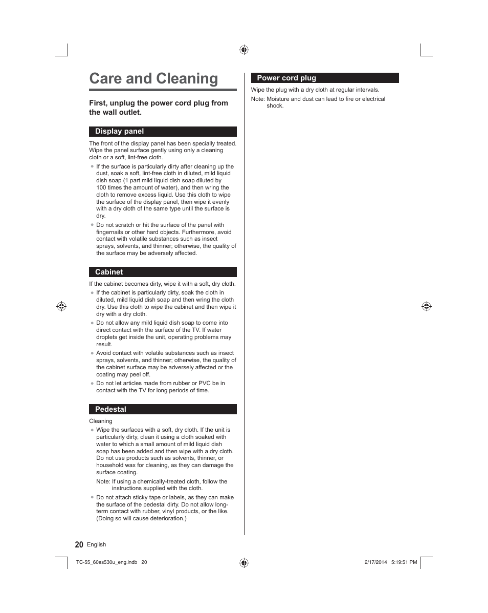 Care and cleaning | Panasonic TC-60AS530U User Manual | Page 20 / 24