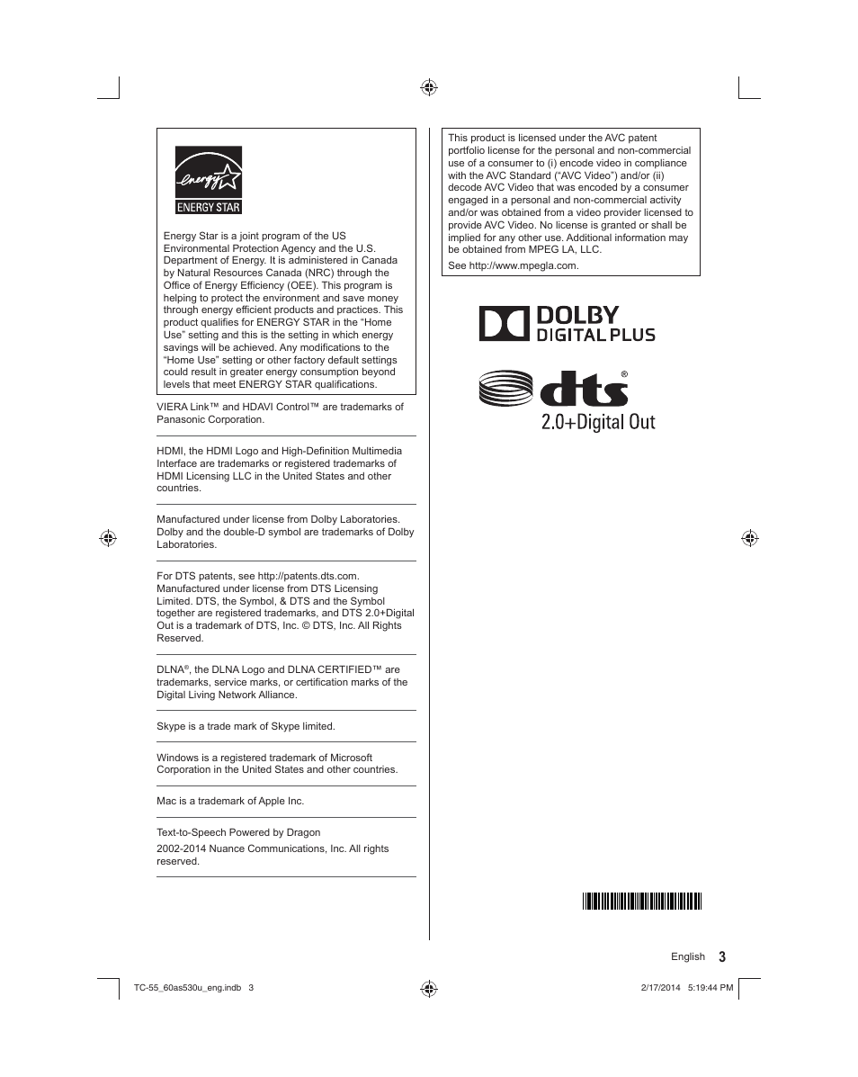 Panasonic TC-60AS530U User Manual | Page 3 / 24