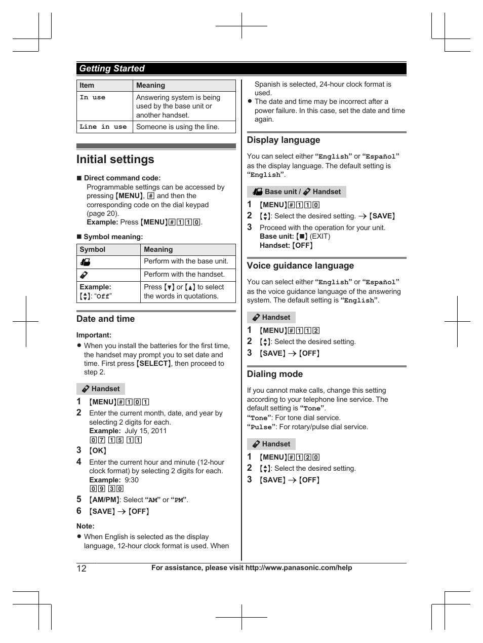 Initial settings | Panasonic KX-TG6672B User Manual | Page 12 / 56