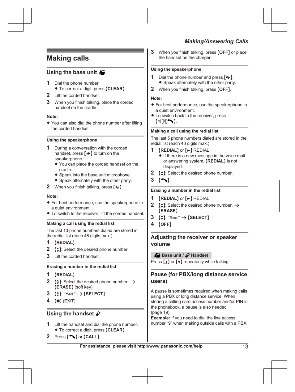 Making/answering calls, Making calls | Panasonic KX-TG6672B User Manual | Page 13 / 56