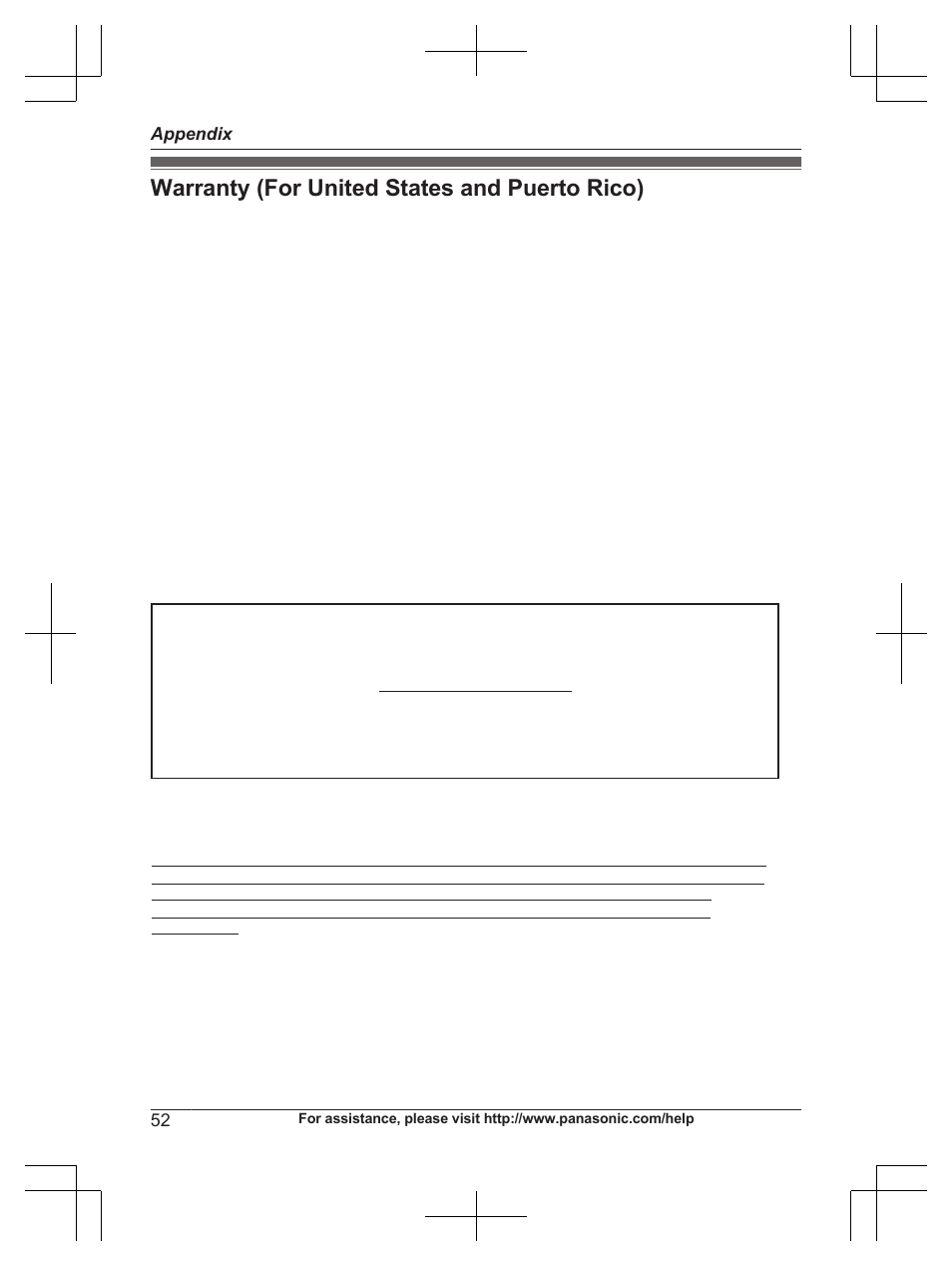 Warranty (for united states and puerto rico), Panasonic telephone products limited warranty | Panasonic KX-TG6672B User Manual | Page 52 / 56