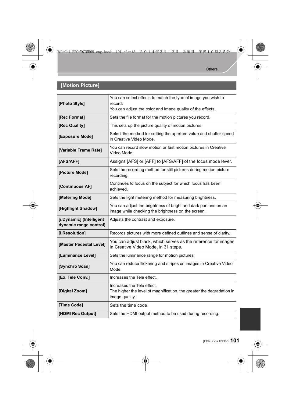 Motion picture | Panasonic DMC-GH4KBODY User Manual | Page 101 / 132