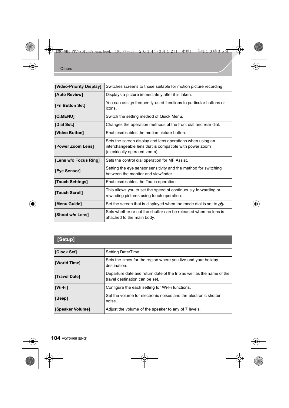 Setup | Panasonic DMC-GH4KBODY User Manual | Page 104 / 132